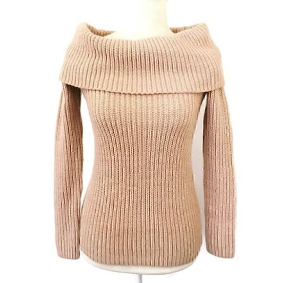 ANN TAYLOR Light Pink / Peach Fuzzy Chunky Knit Cowl Neck Off Shoulder ? Sweater - Picture 2 of 13